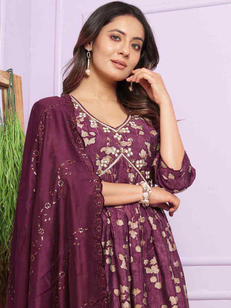 Purple Modal Silk Embroidered Festival Mehendi Ready Anarkali Salwar Kameez