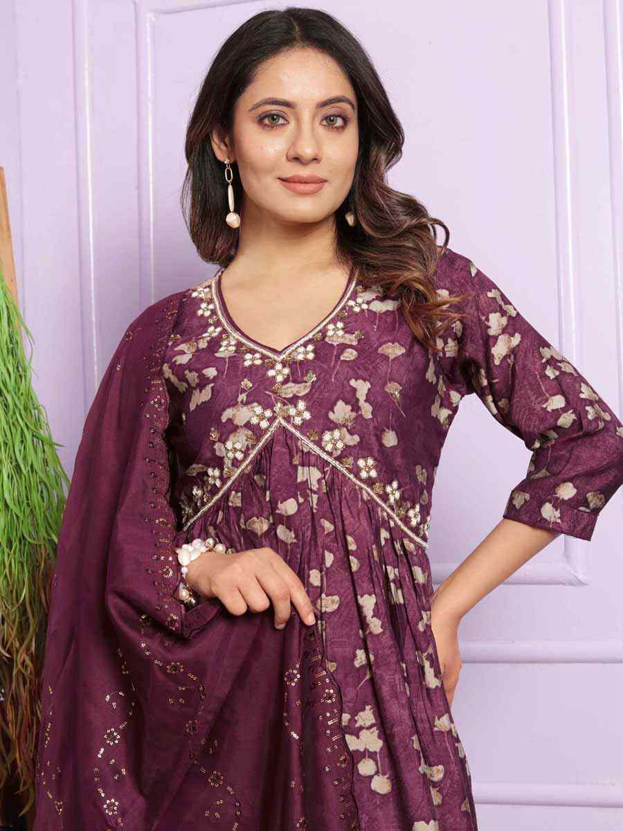 Purple Modal Silk Embroidered Festival Mehendi Ready Anarkali Salwar Kameez