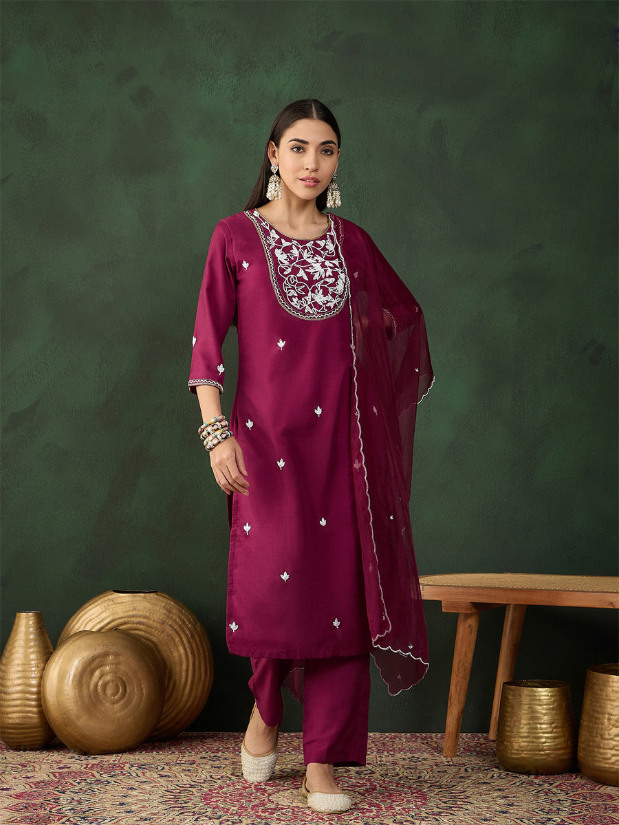 Purple Musline Embroidered Festival Casual Ready Pant Salwar Kameez