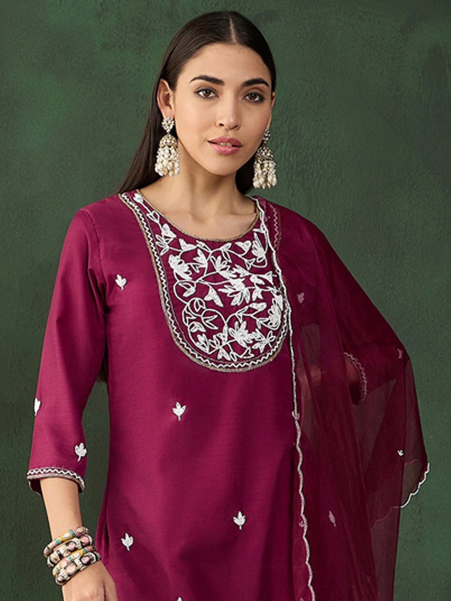 Purple Musline Embroidered Festival Casual Ready Pant Salwar Kameez