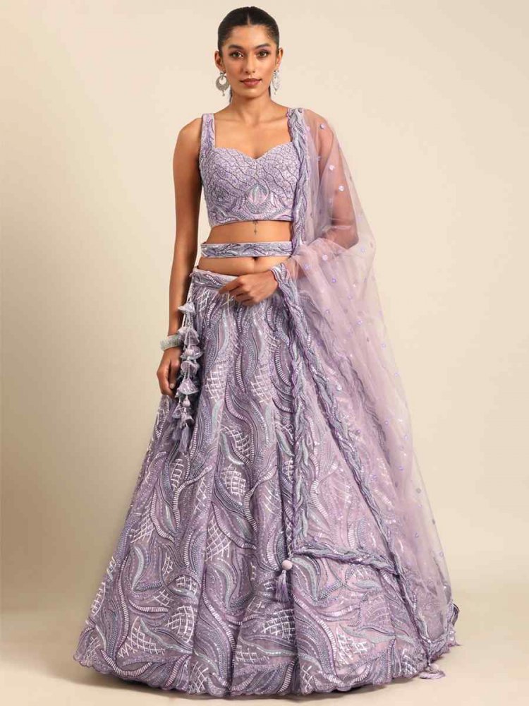 Purple Net Embroidered Bridesmaid Wedding Heavy Border Lehenga Choli