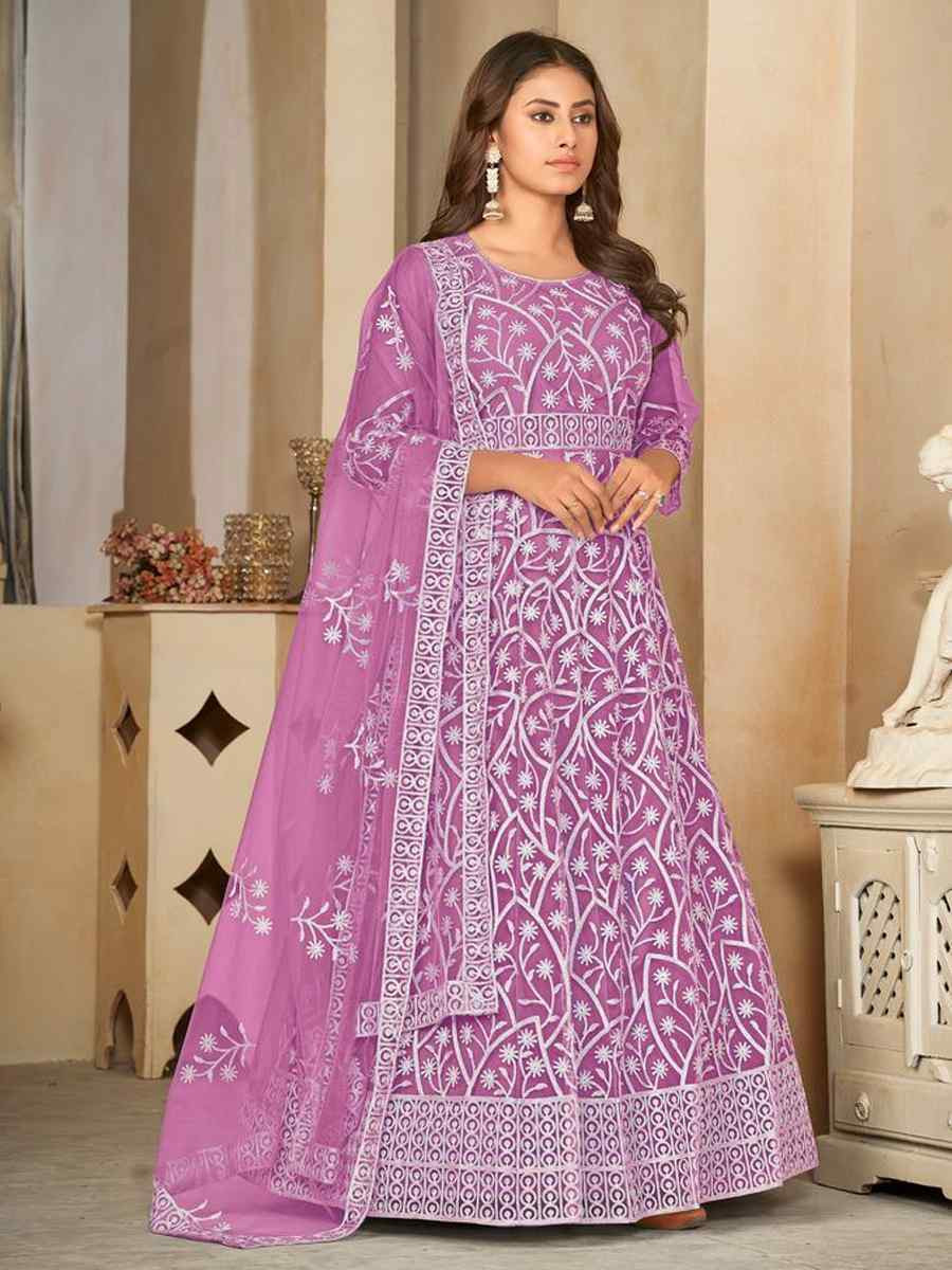 Purple Net Embroidered Festival Wedding Anarkali Salwar Kameez