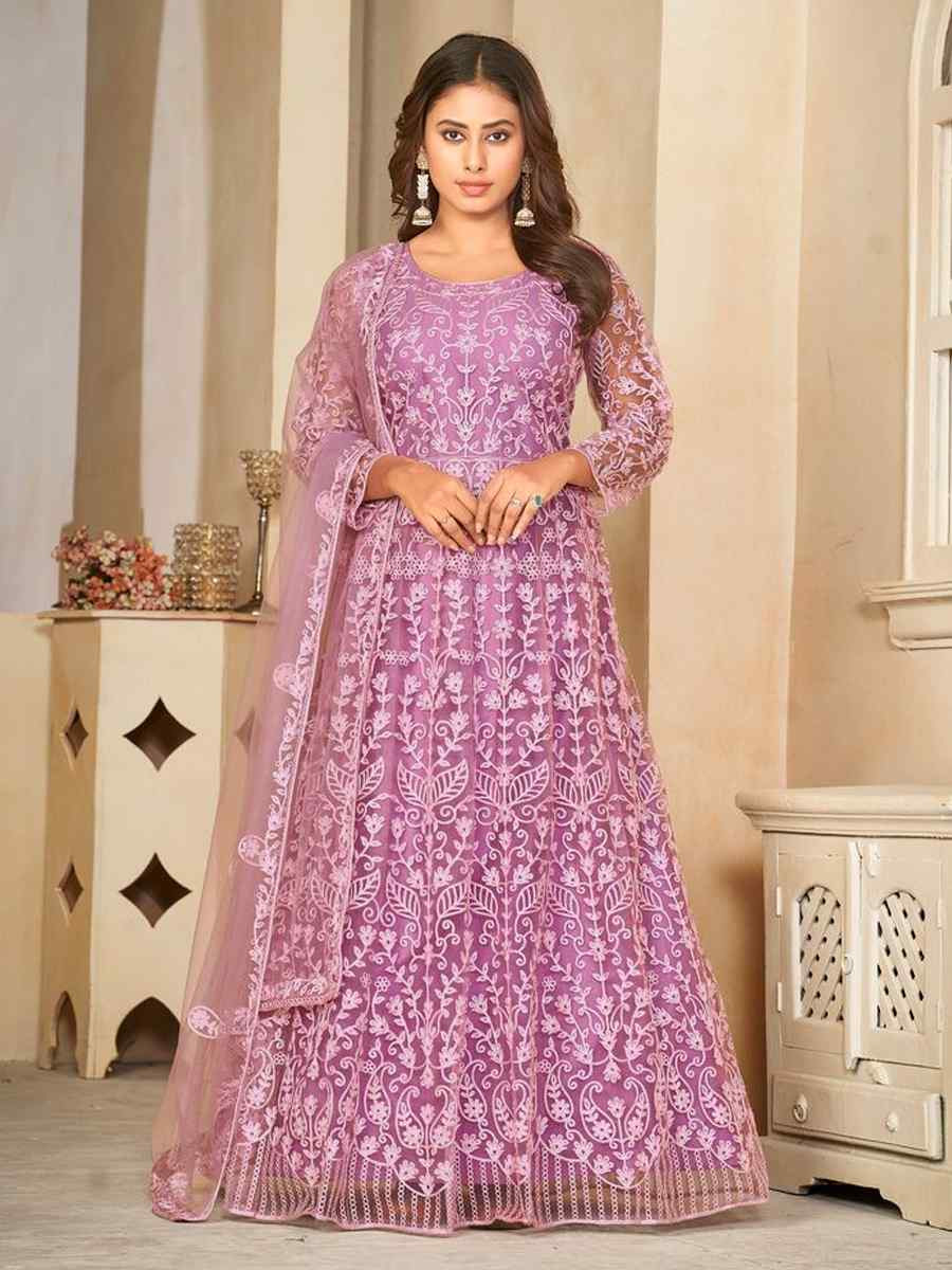 Purple Net Embroidered Festival Wedding Anarkali Salwar Kameez