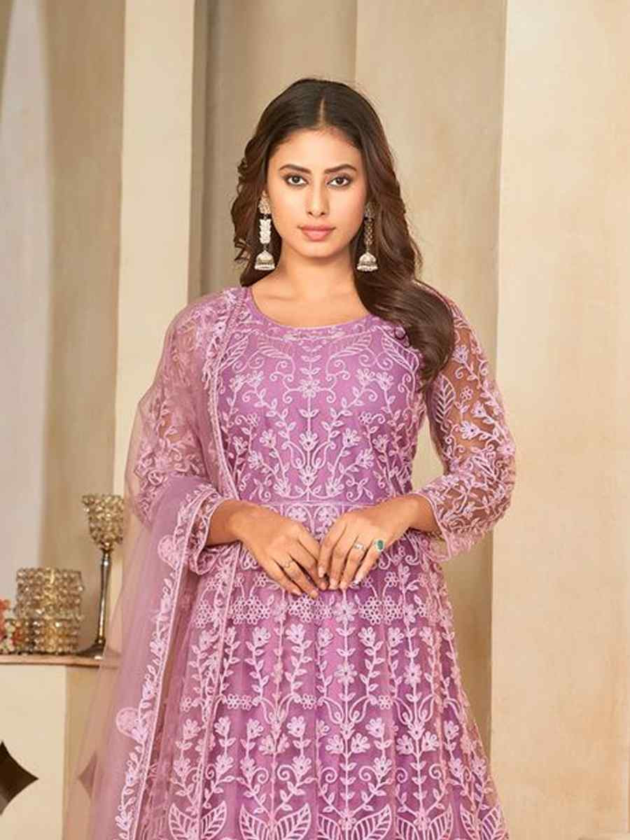 Purple Net Embroidered Festival Wedding Anarkali Salwar Kameez