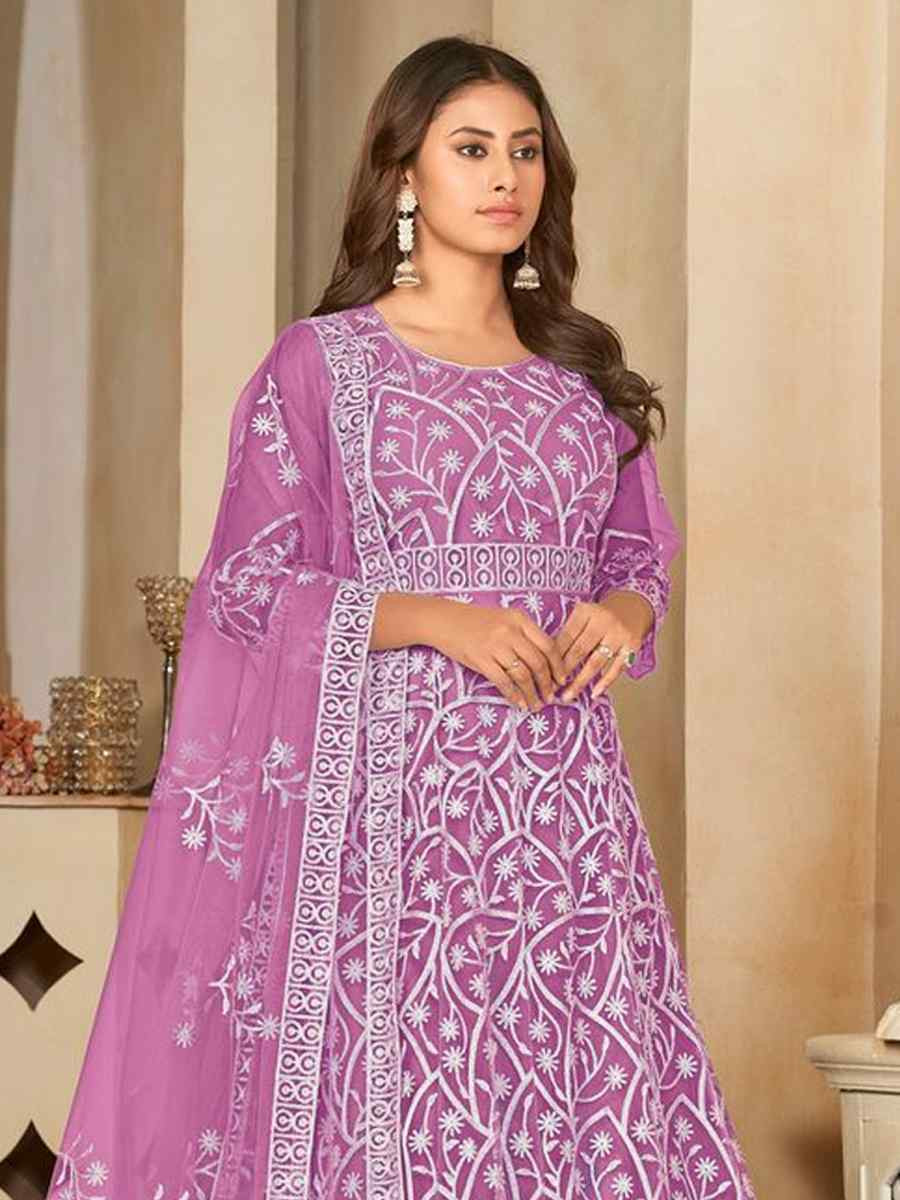 Purple Net Embroidered Festival Wedding Anarkali Salwar Kameez