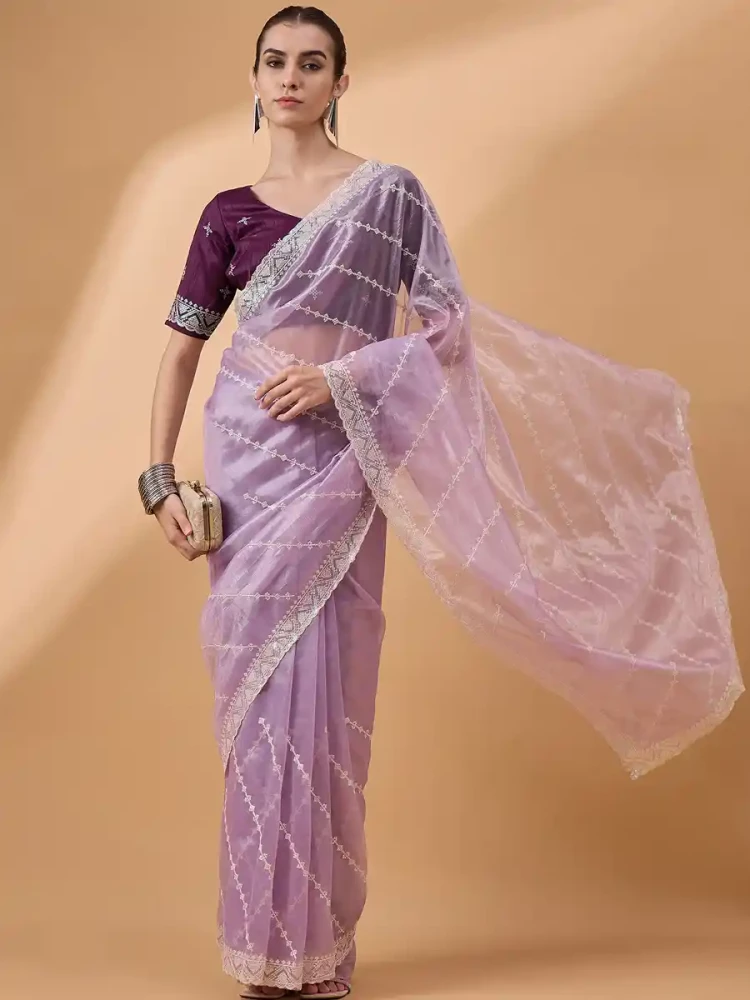 Purple Organza Embroidered Festival Casual Classic Style Saree