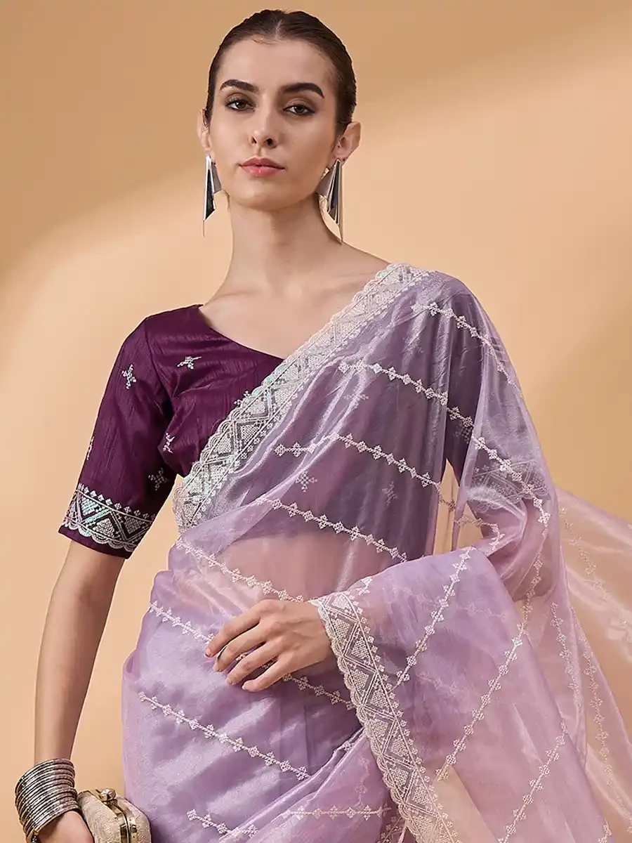 Purple Organza Embroidered Festival Casual Classic Style Saree