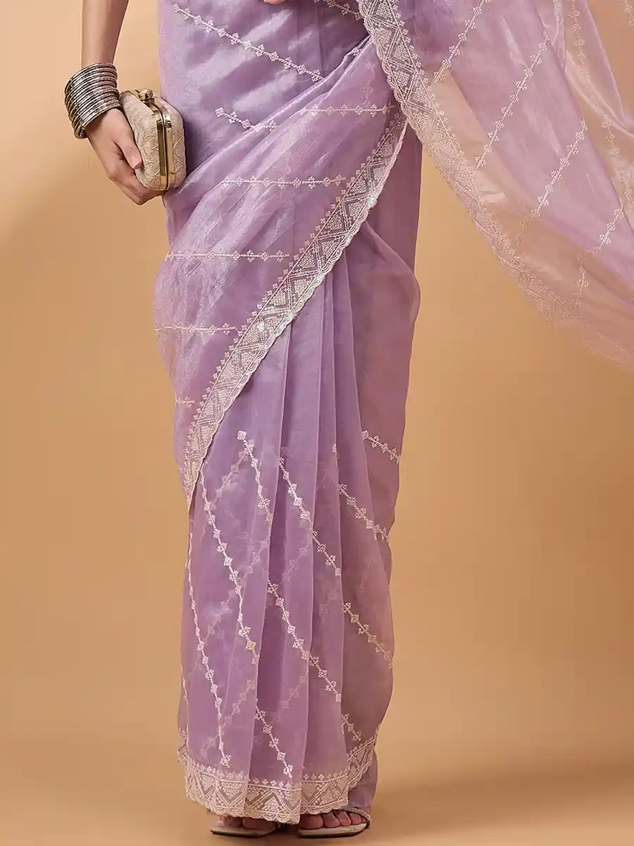 Purple Organza Embroidered Festival Casual Classic Style Saree