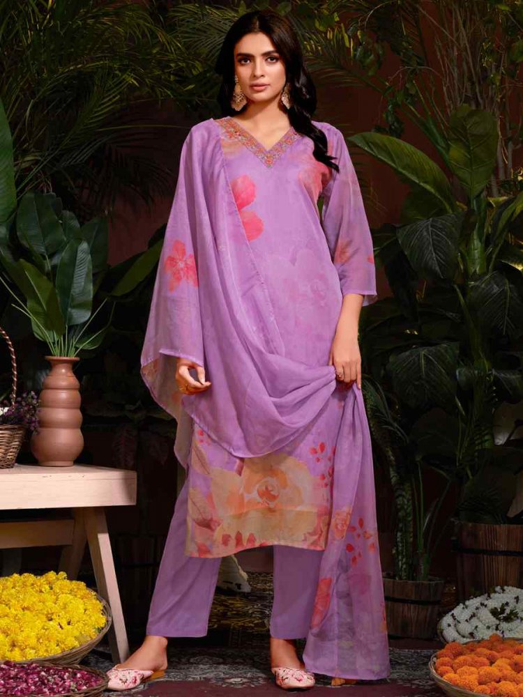 Purple Organza Embroidered Festival Casual Ready Pant Salwar Kameez