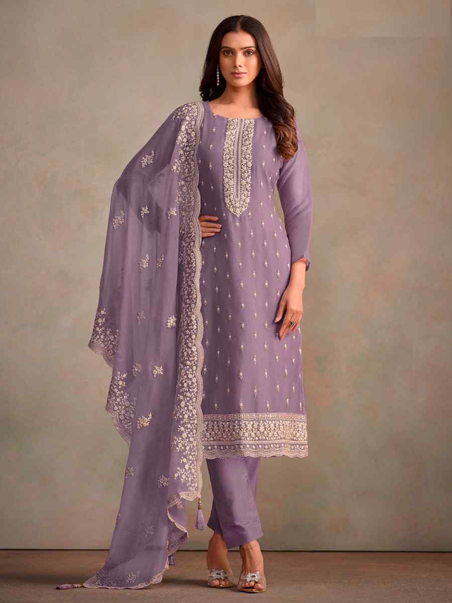 Purple Organza Embroidered Festival Wedding Pant Salwar Kameez