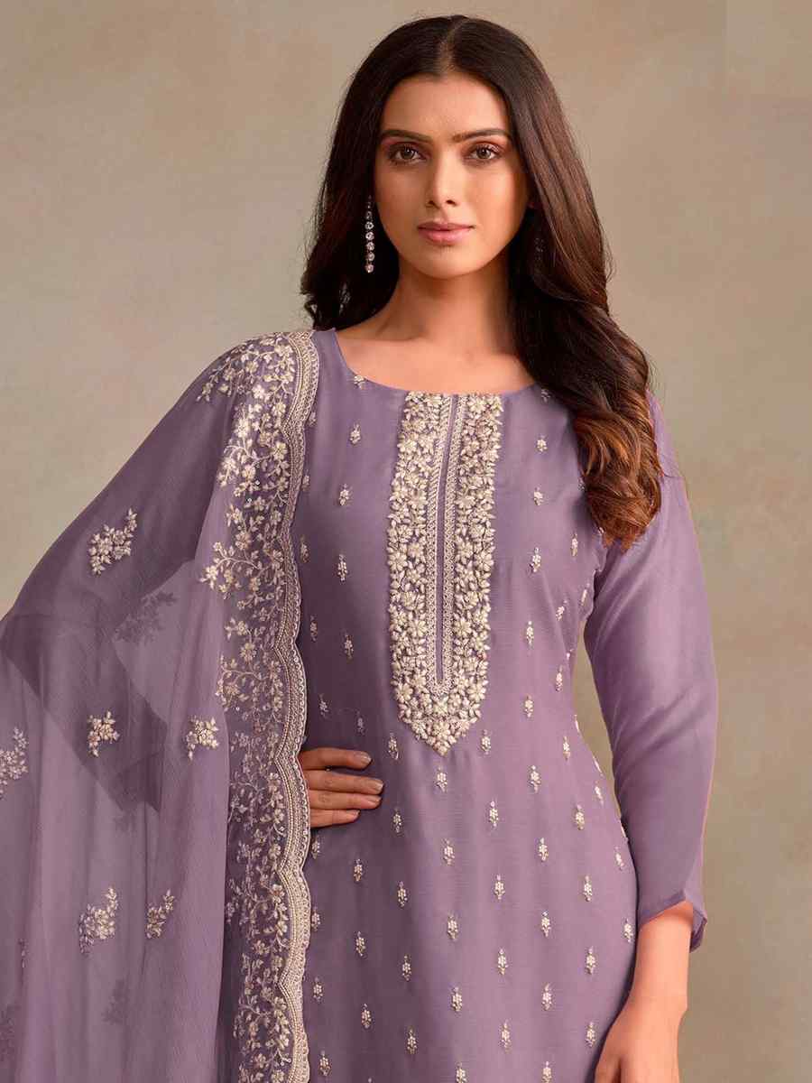 Purple Organza Embroidered Festival Wedding Pant Salwar Kameez