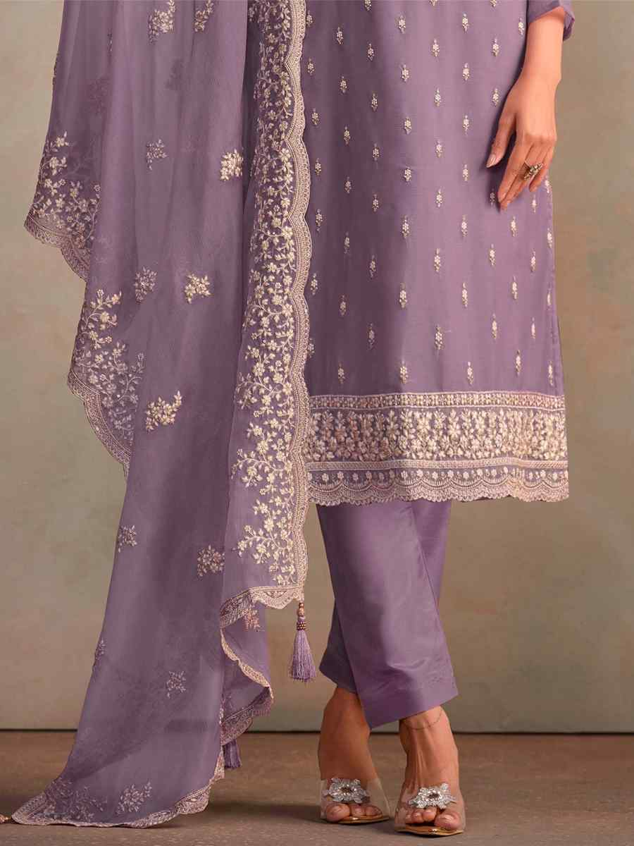 Purple Organza Embroidered Festival Wedding Pant Salwar Kameez