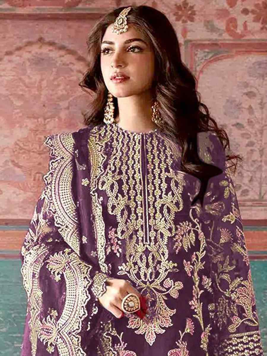 Purple Organza Embroidered Festival Wedding Pant Salwar Kameez