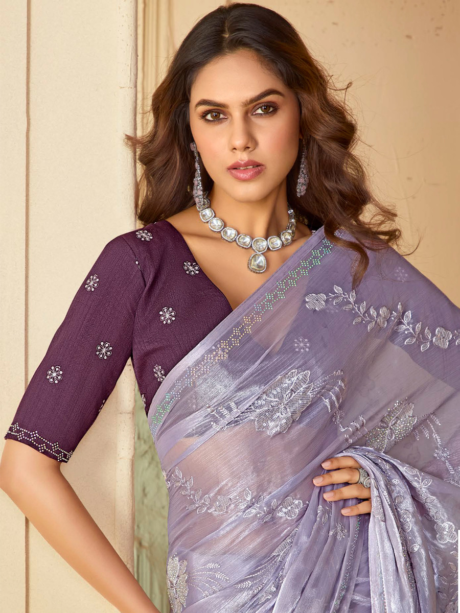 Purple Organza Embroidered Reception Party Heavy Border Saree