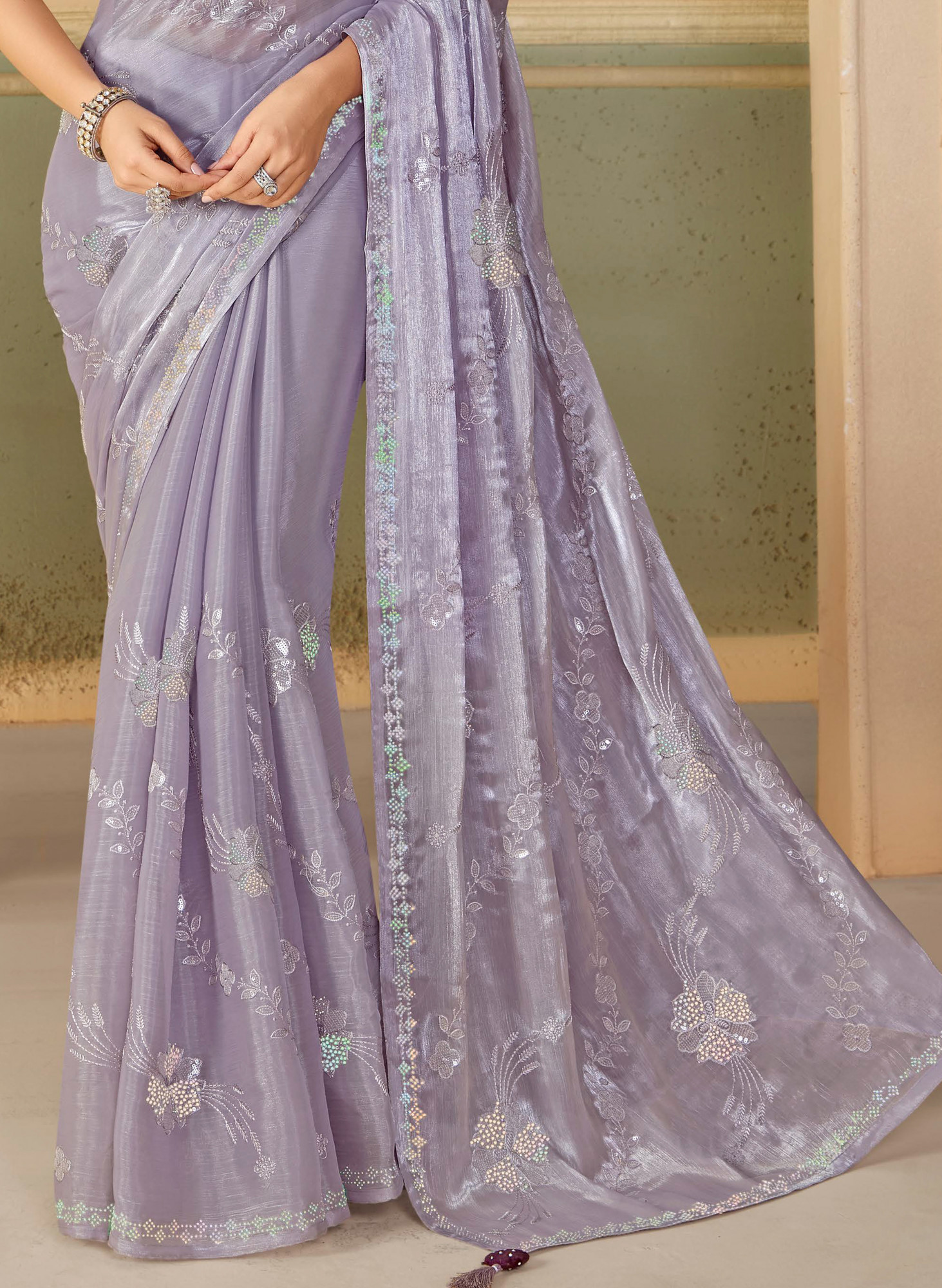 Purple Organza Embroidered Reception Party Heavy Border Saree