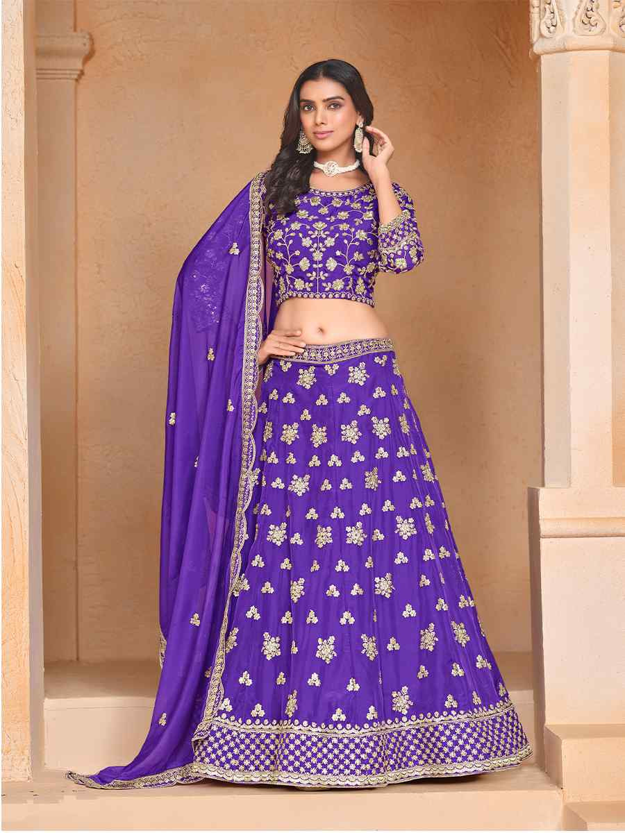 Purple Organza Embroidered Wedding Bridesmaid Heavy Border Lehenga Choli