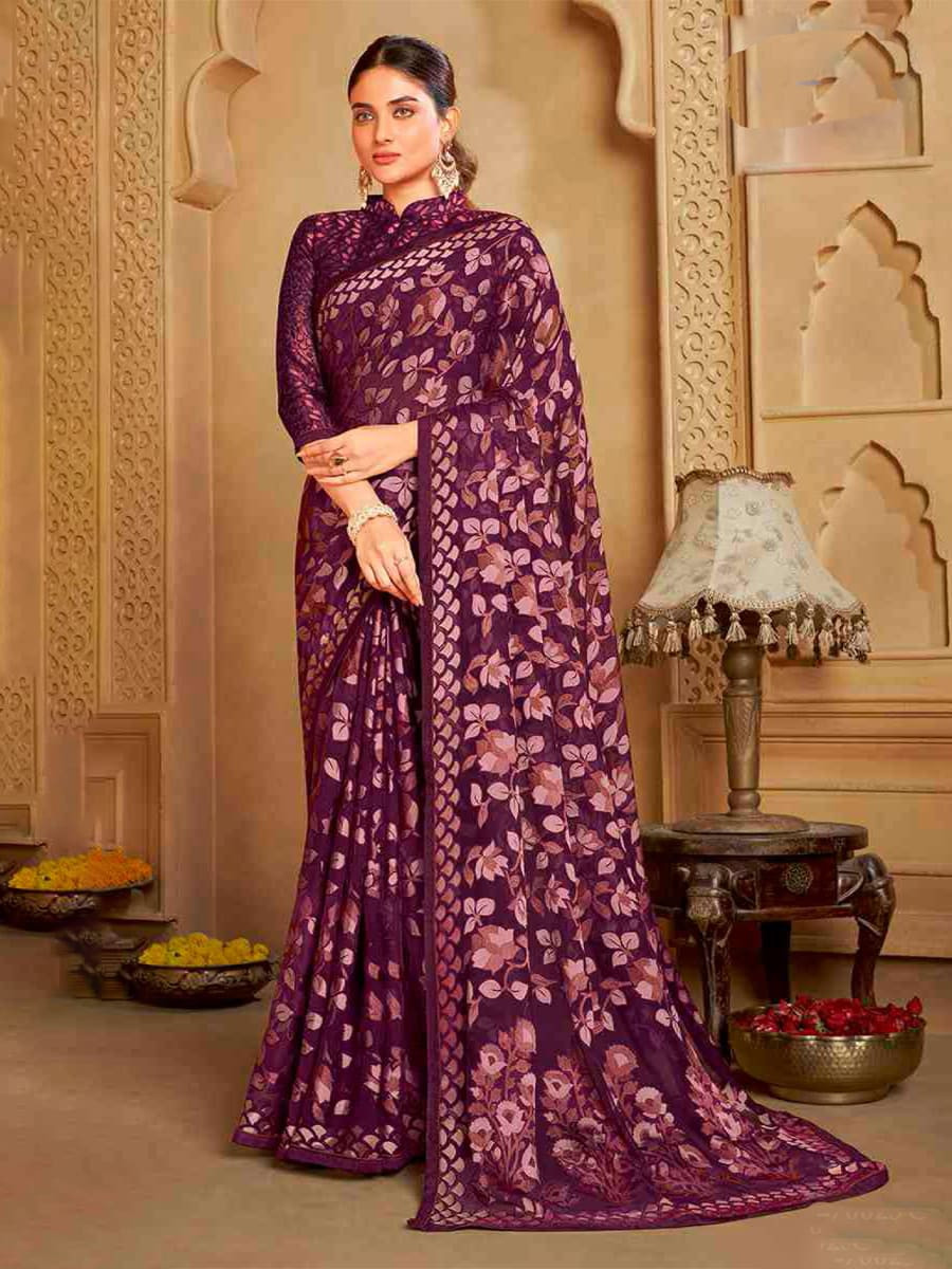 Purple Organza Printed Festival Casual Contemporary Saree