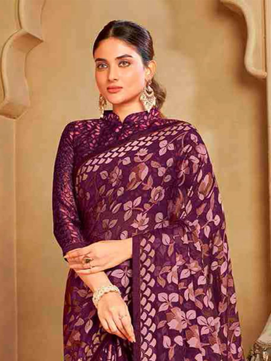 Purple Organza Printed Festival Casual Contemporary Saree