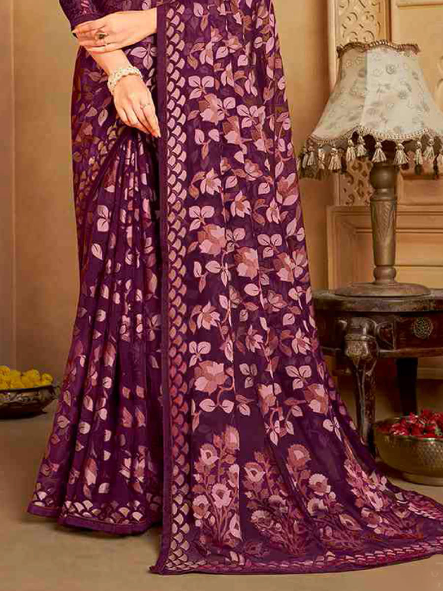 Purple Organza Printed Festival Casual Contemporary Saree