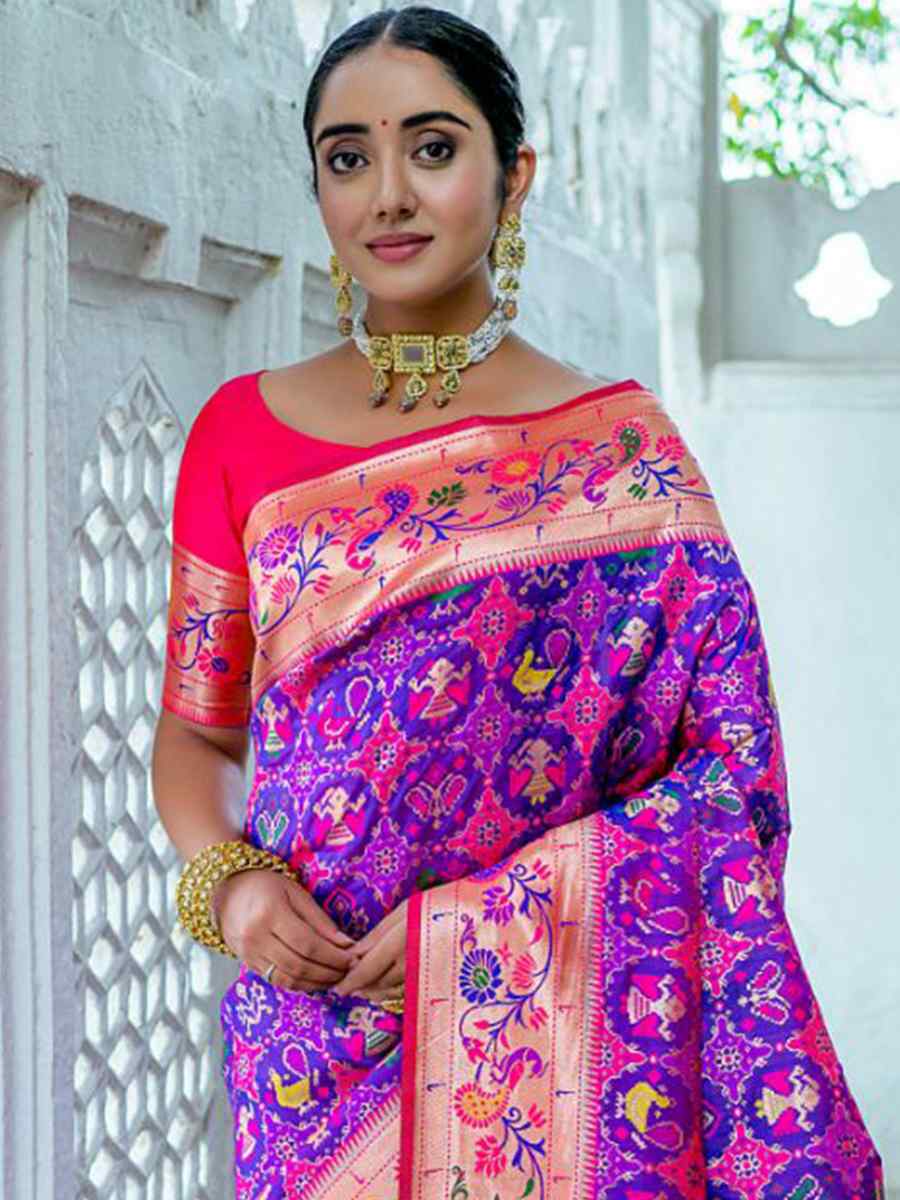 Purple Paithani Silk Handwoven Wedding Festival Heavy Border Saree