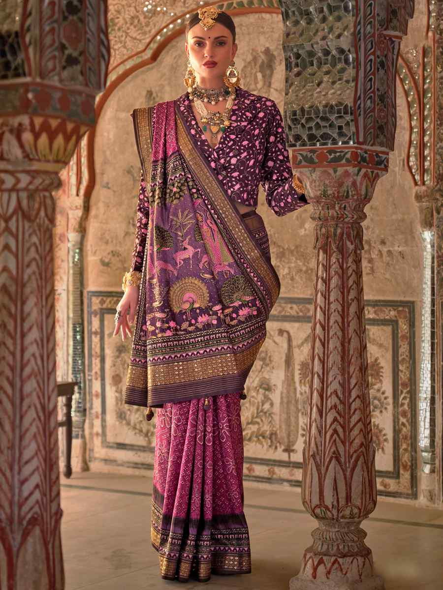 Purple Poly Viscose Silk Handwoven Festival Wedding Heavy Border Saree