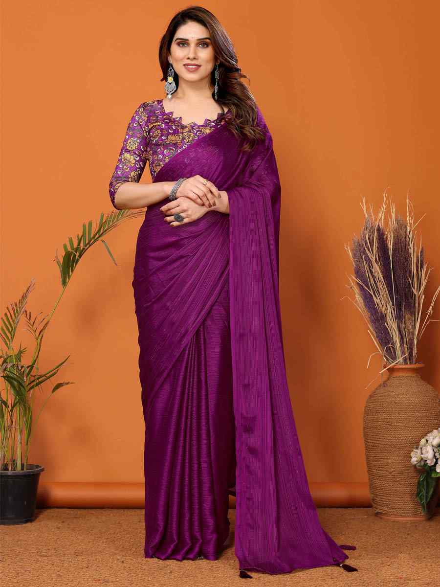 Purple Polyester Silk Handwoven Festival Casual Classic Style Saree