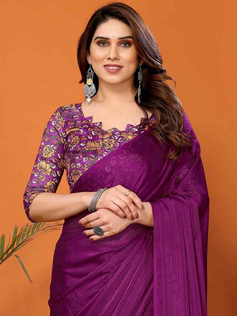 Purple Polyester Silk Handwoven Festival Casual Classic Style Saree