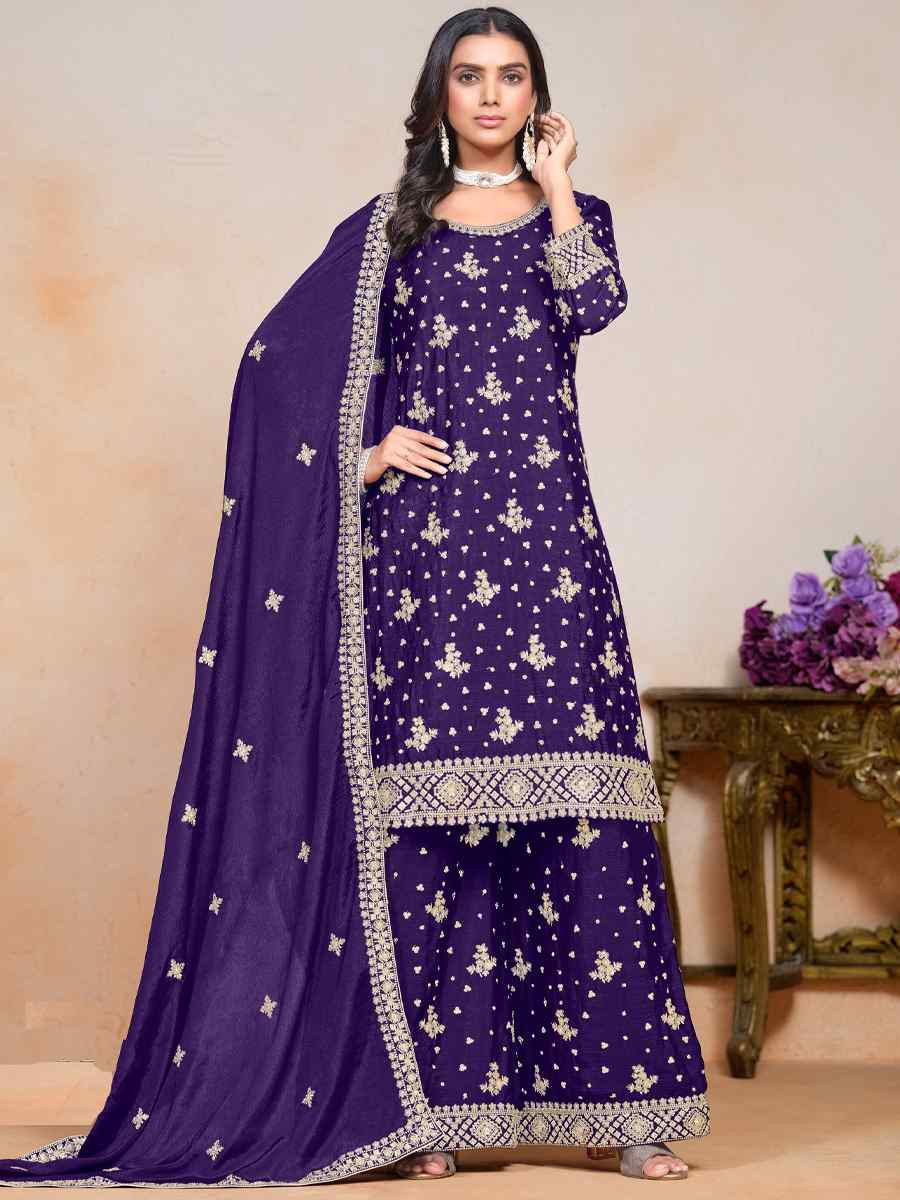 Purple Premium Fiber Chinon Embroidered Festival Wedding Ready Sharara Pant Salwar Kameez