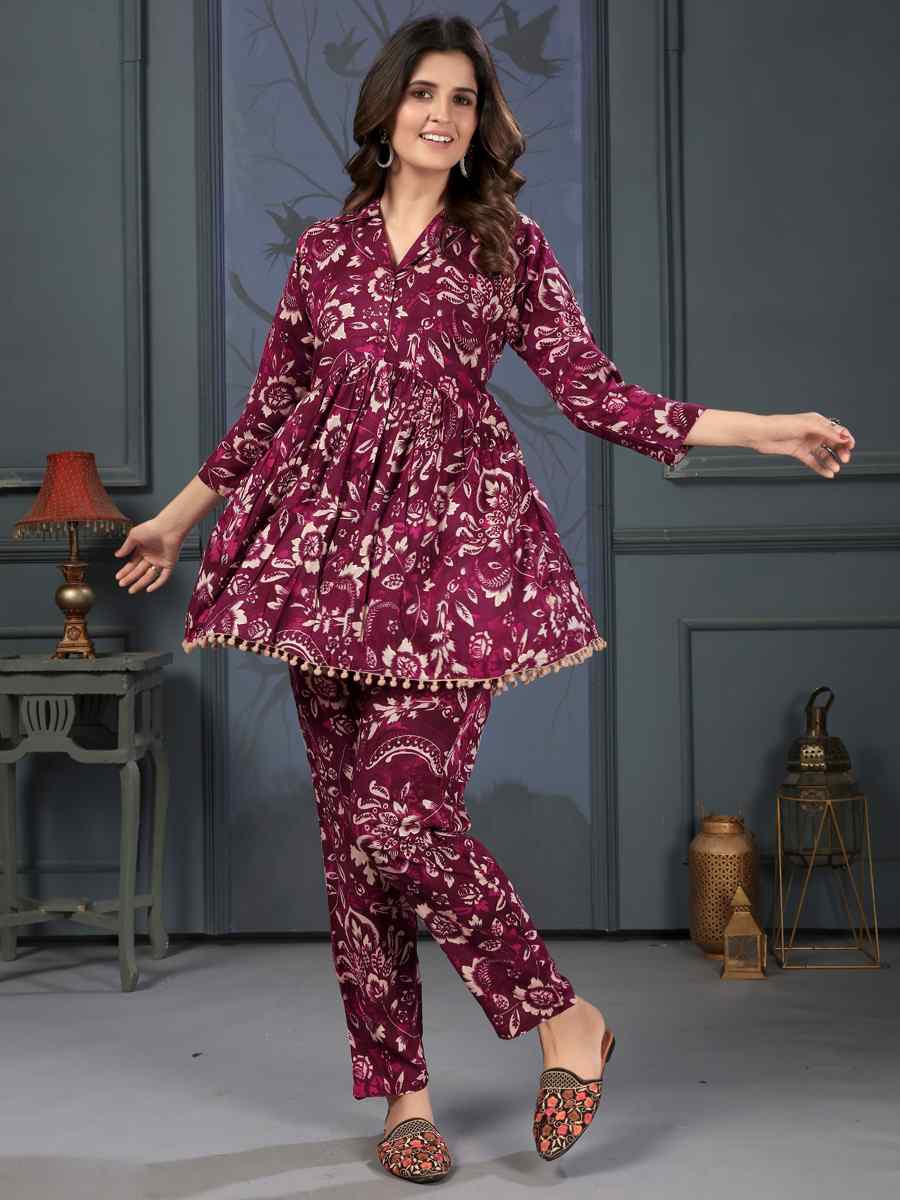 Purple Premium Rayon Printed Festival Casual Ready Pant Salwar Kameez