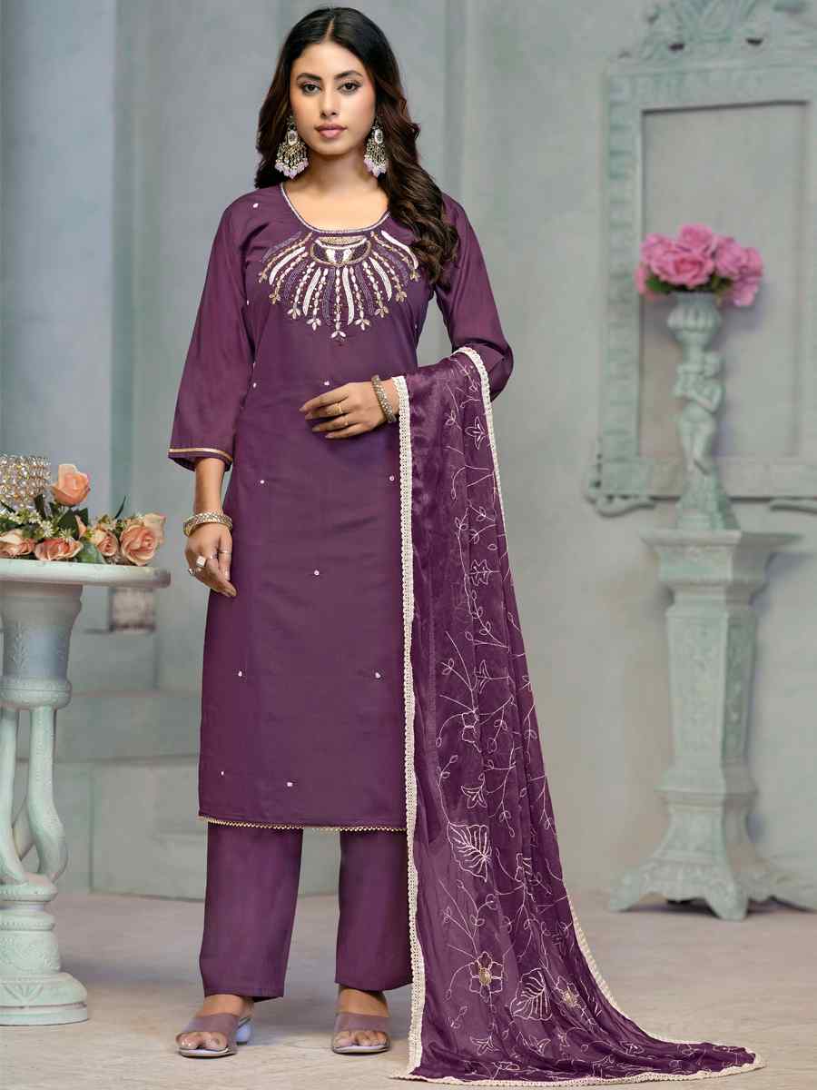 Purple Premium Roman Cotton Embroidered Festival Casual Ready Pant Salwar Kameez