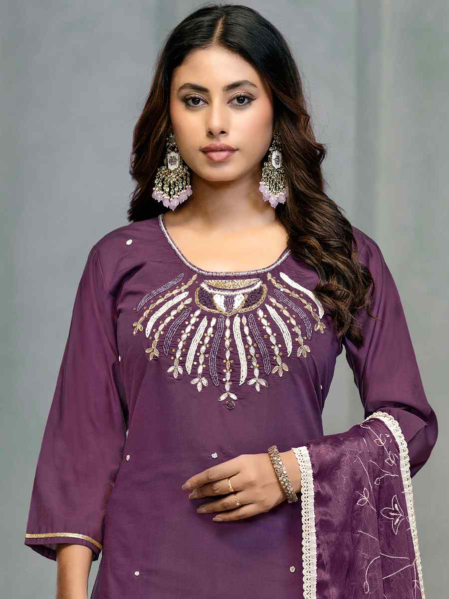 Purple Premium Roman Cotton Embroidered Festival Casual Ready Pant Salwar Kameez