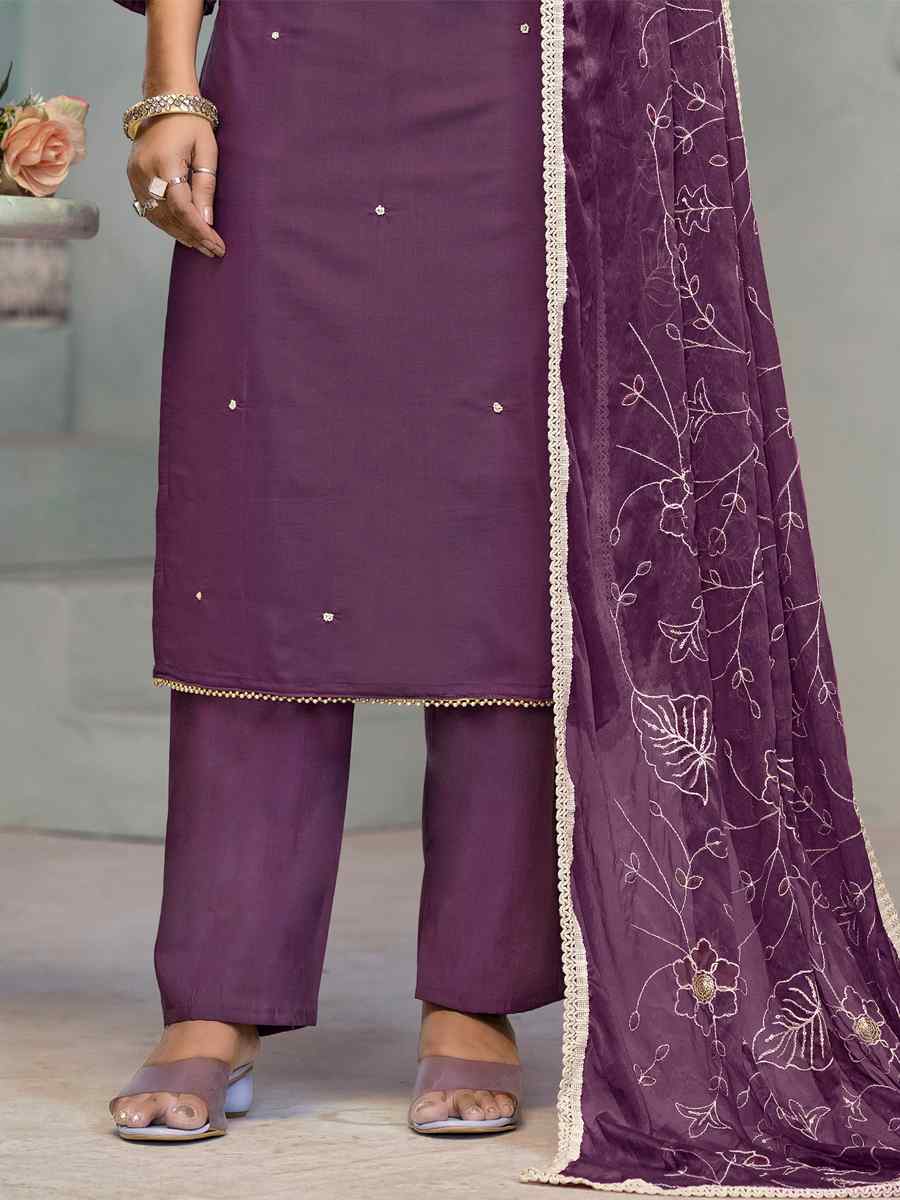 Purple Premium Roman Cotton Embroidered Festival Casual Ready Pant Salwar Kameez