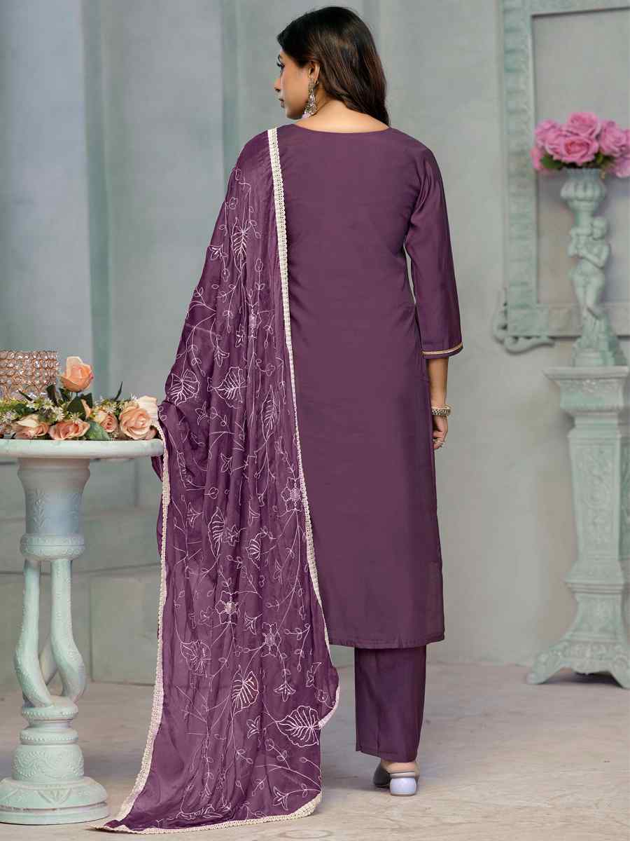 Purple Premium Roman Cotton Embroidered Festival Casual Ready Pant Salwar Kameez