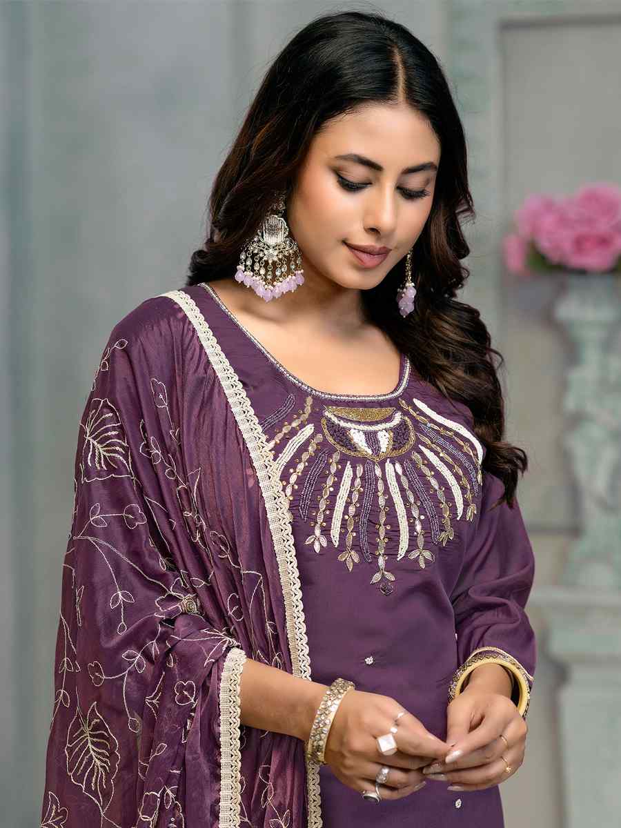 Purple Premium Roman Cotton Embroidered Festival Casual Ready Pant Salwar Kameez