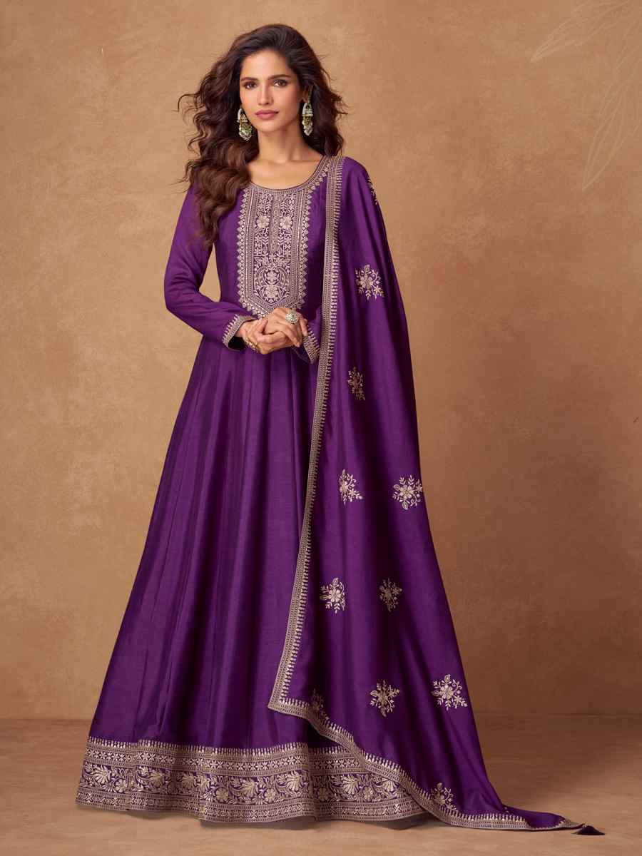 Purple Premium Silk Embroidered Festival Casual Gown