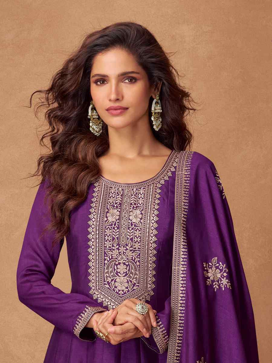 Purple Premium Silk Embroidered Festival Casual Gown