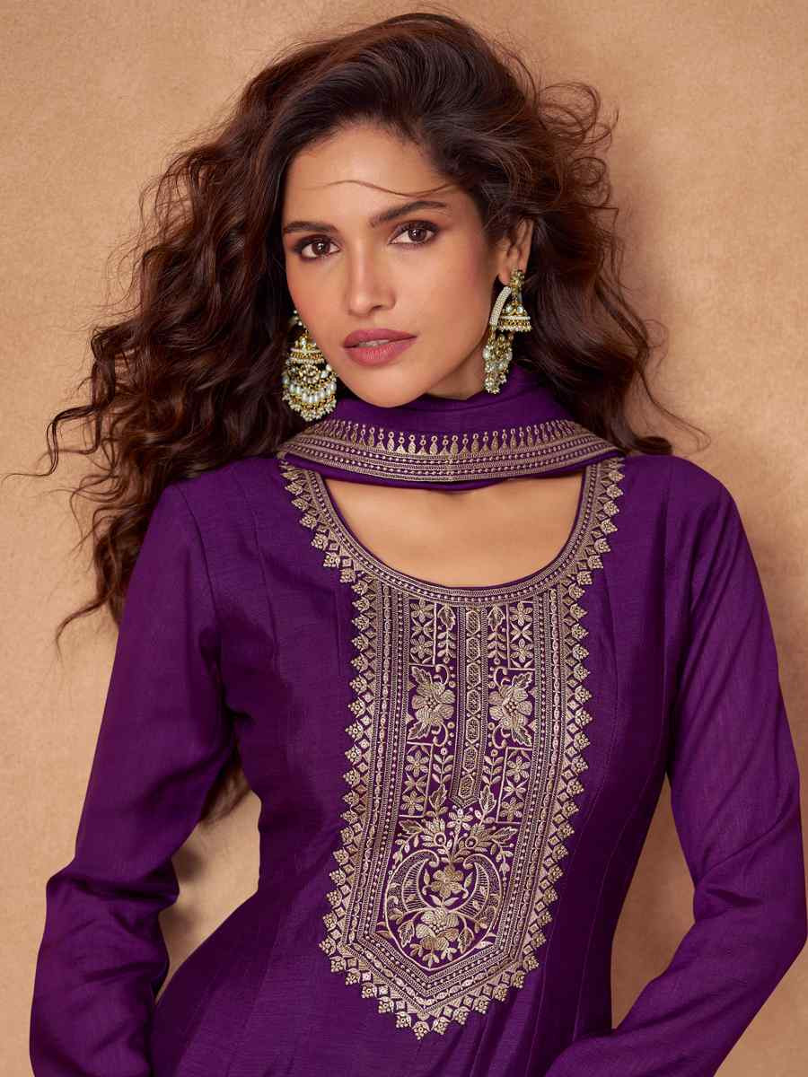 Purple Premium Silk Embroidered Festival Casual Gown