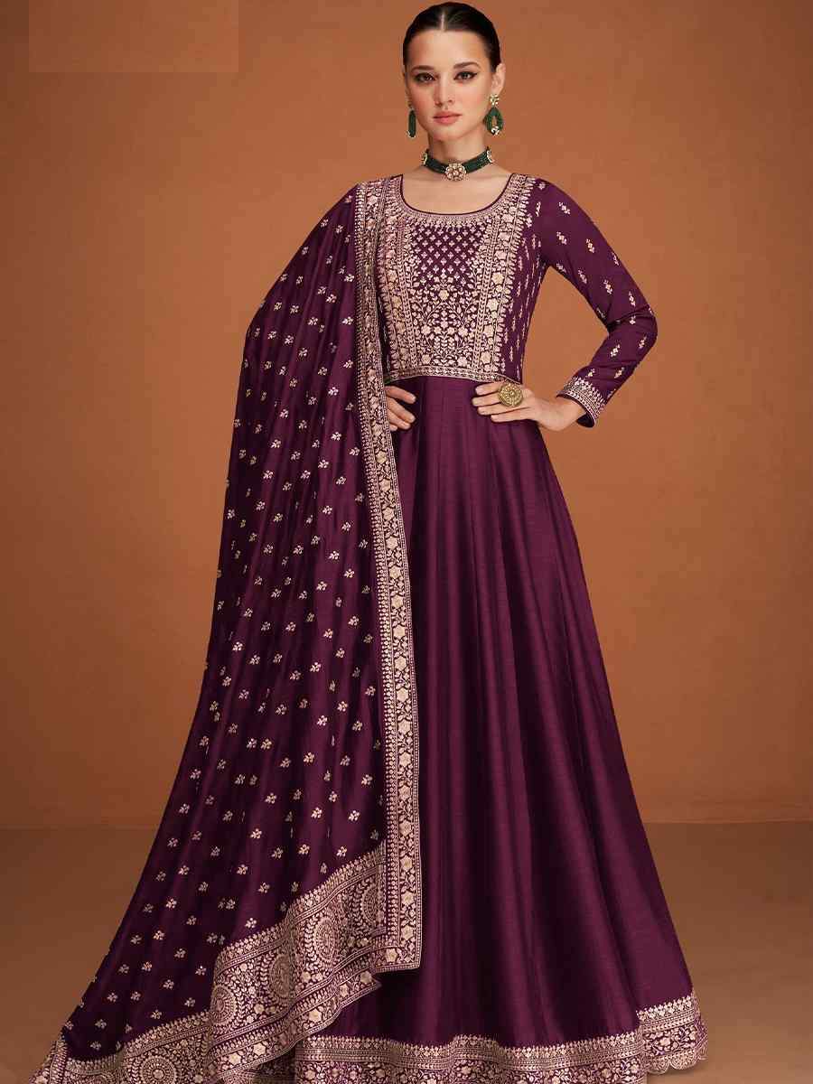 Purple Premium Silk Embroidered Festival Wedding Anarkali Salwar Kameez