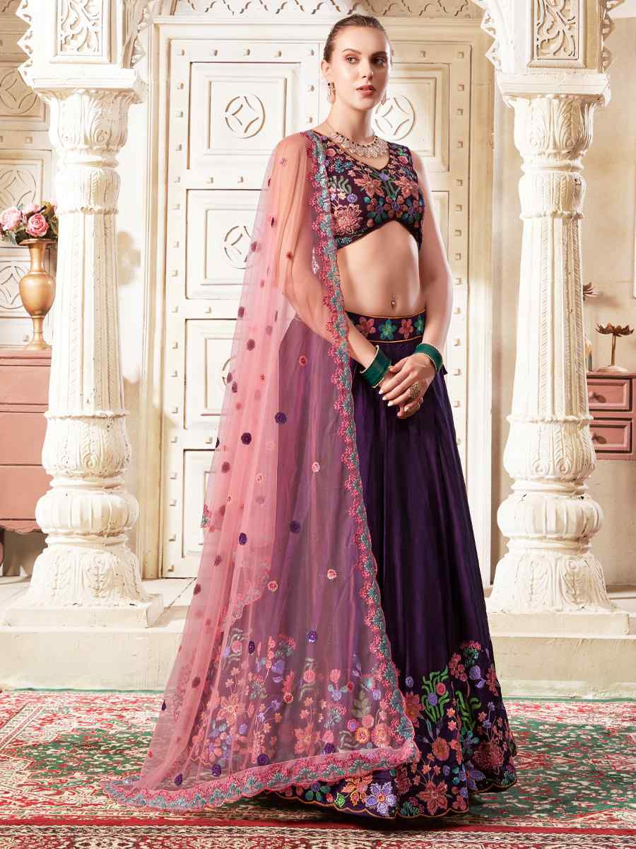 Purple Premium Silk Embroidered Reception Party Wear Heavy Border Lehenga Choli