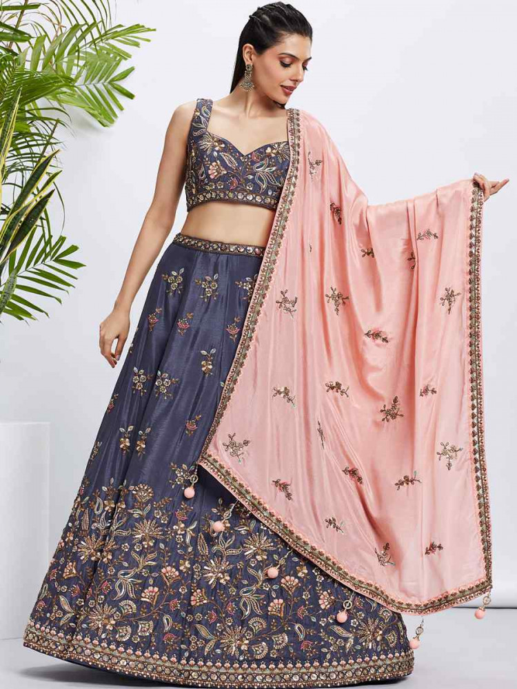 Purple Pure Chiffon Embroidered Bridesmaid Wedding Heavy Border Lehenga Choli