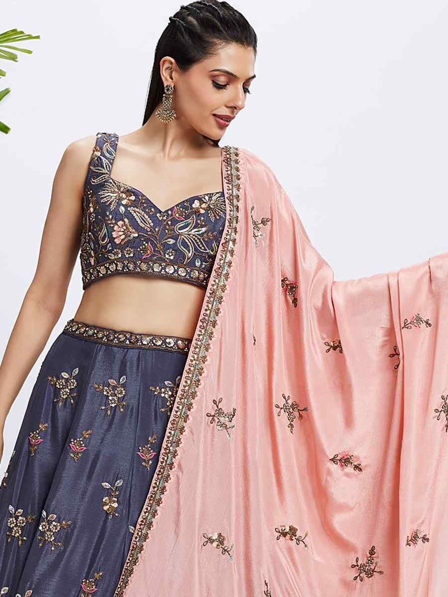 Purple Pure Chiffon Embroidered Bridesmaid Wedding Heavy Border Lehenga Choli