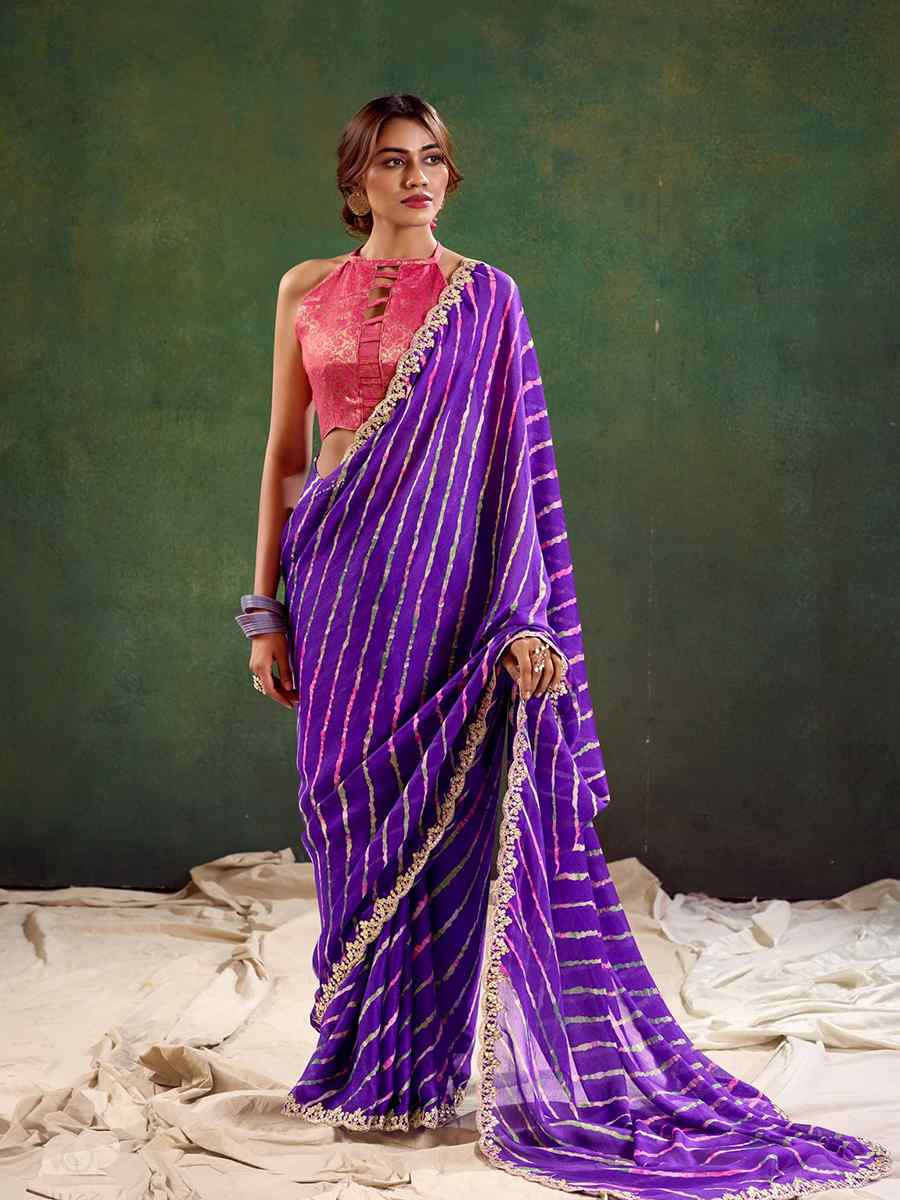 Purple Pure Chiffon Embroidered Festival Wedding Classic Style Saree