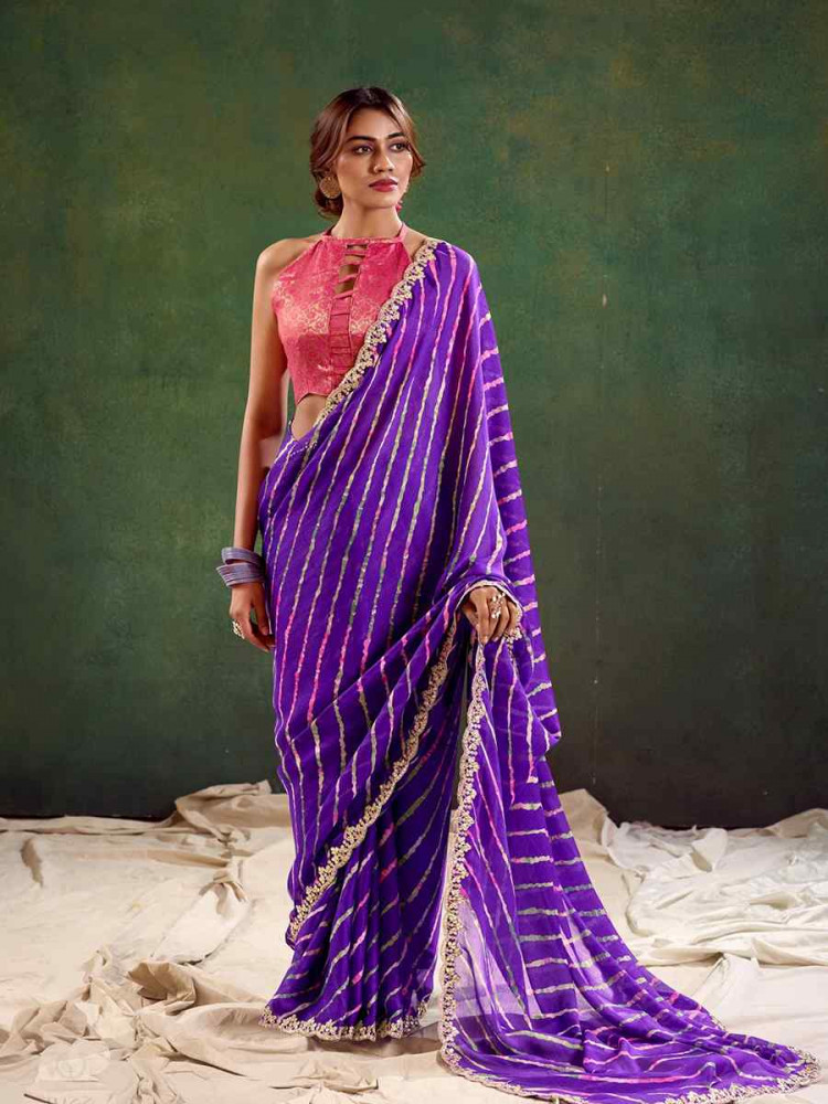 Purple Pure Chiffon Embroidered Festival Wedding Classic Style Saree