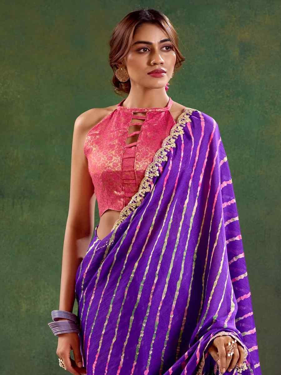 Purple Pure Chiffon Embroidered Festival Wedding Classic Style Saree