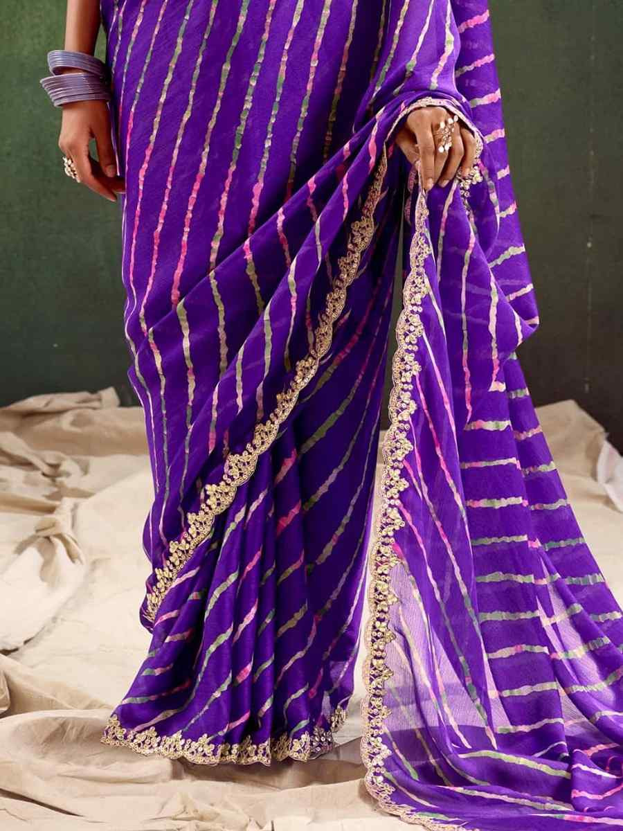 Purple Pure Chiffon Embroidered Festival Wedding Classic Style Saree