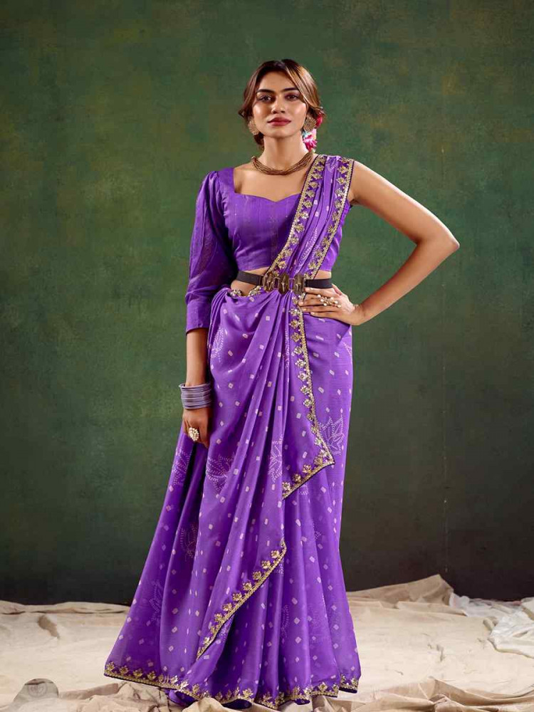 Purple Pure Chiffon Embroidered Festival Wedding Classic Style Saree