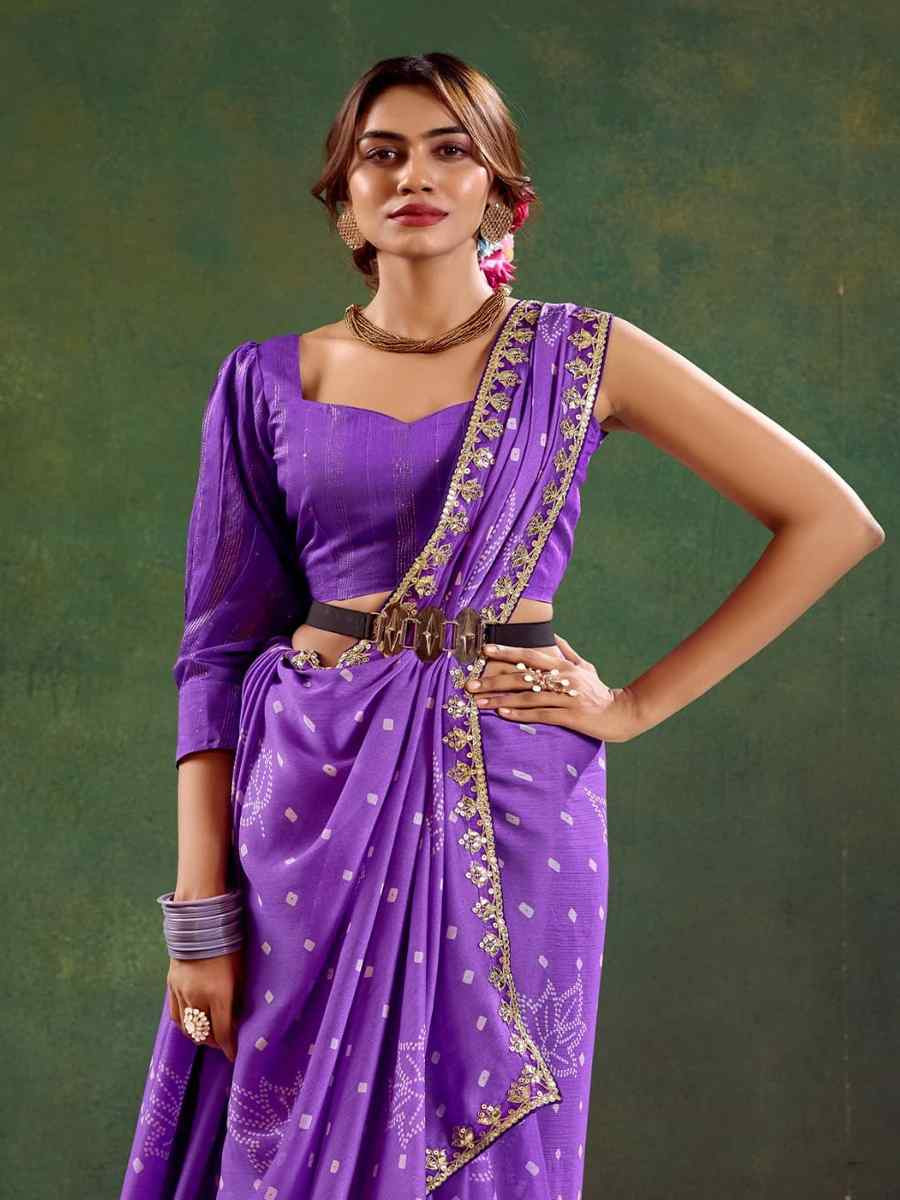 Purple Pure Chiffon Embroidered Festival Wedding Classic Style Saree