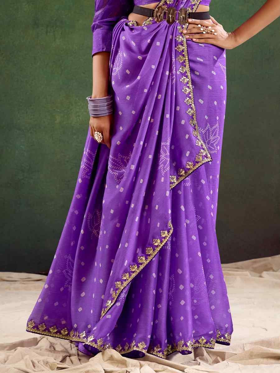 Purple Pure Chiffon Embroidered Festival Wedding Classic Style Saree