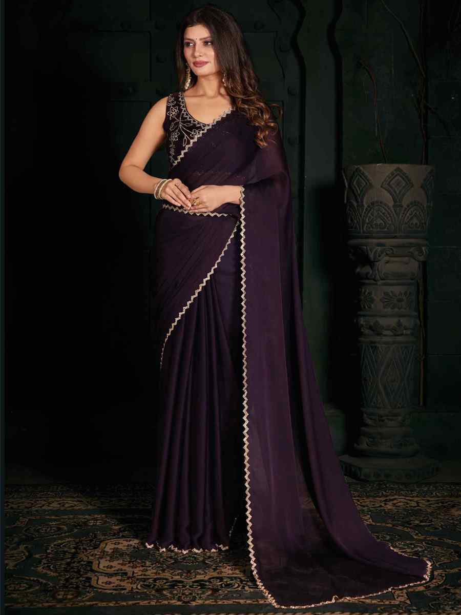 Purple Pure Chiffon Silk Handwoven Wedding Festival Heavy Border Saree