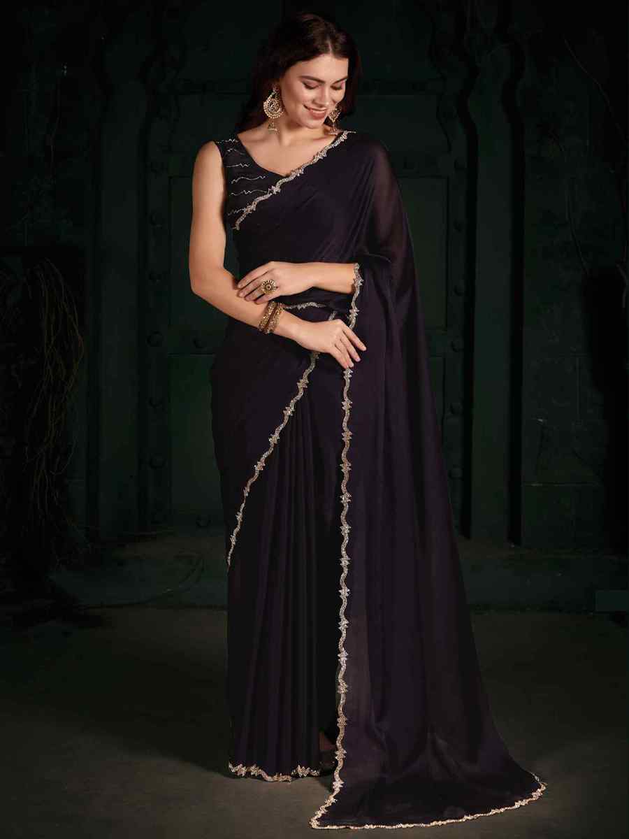 Purple Pure Chiffon Silk Handwoven Wedding Festival Heavy Border Saree